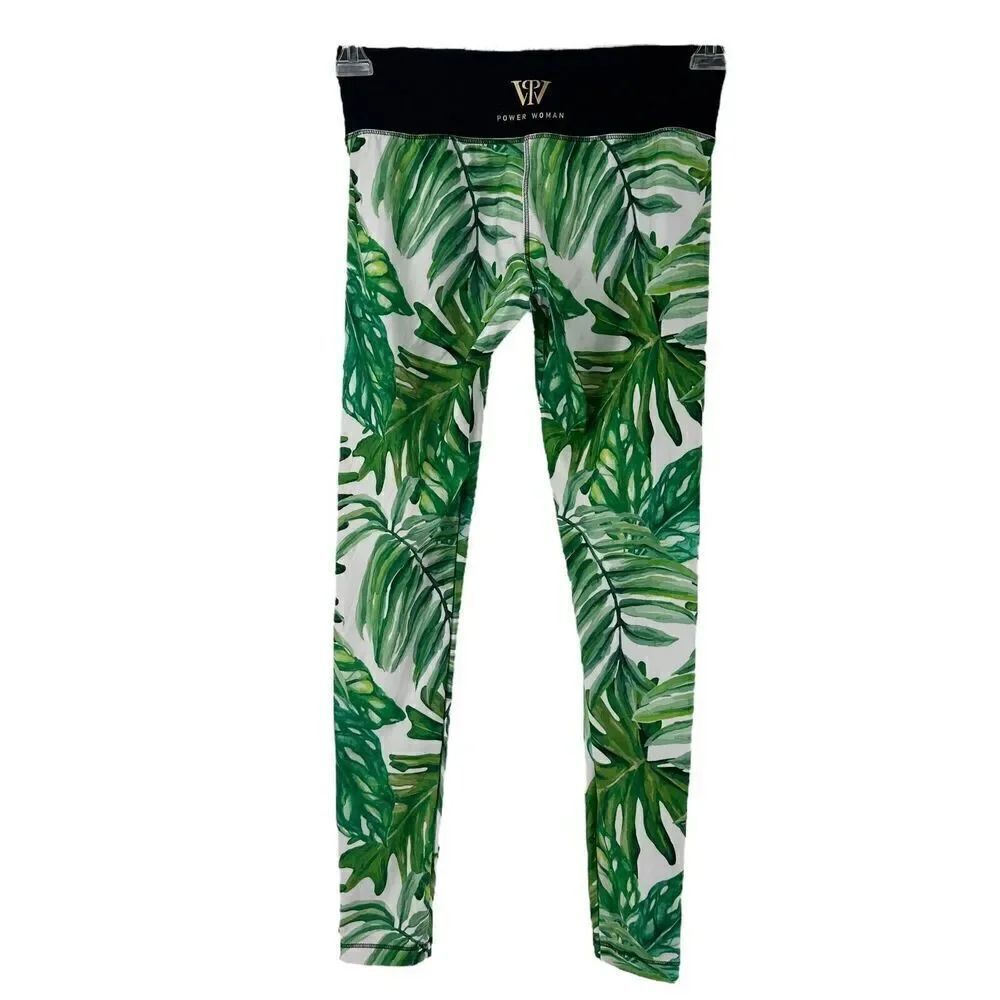 Power Woman Leggings Size M Running Fitted Compression Green Leaf Ankle Fitness